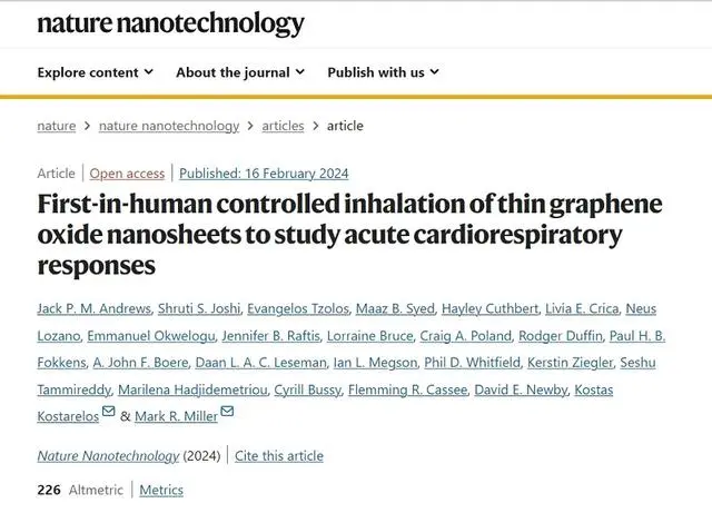 开创性人体试验:石墨烯短期吸入对健康无害